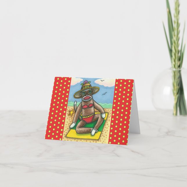 SOCK MONKEY RED BIKINI, AT THE BEACH CARTOON Funny Card (Front)