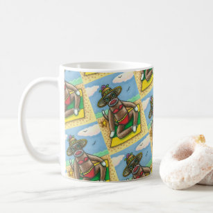 SOCK MONKEY RED BIKINI, AT THE BEACH CARTOON Funny Coffee Mug