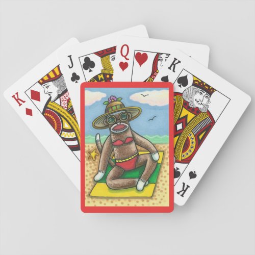 SOCK MONKEY RED BIKINI AT THE BEACH CARTOON Funny Poker Cards