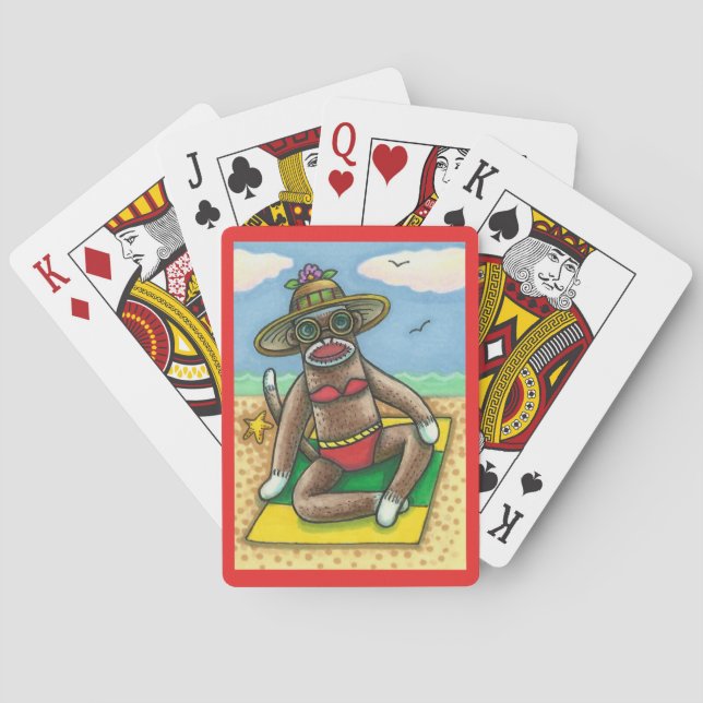 SOCK MONKEY RED BIKINI, AT THE BEACH CARTOON Funny Poker Cards (Back)