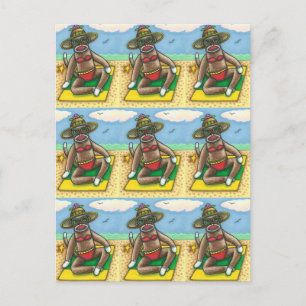 SOCK MONKEY RED BIKINI, AT THE BEACH CARTOON Funny Postcard