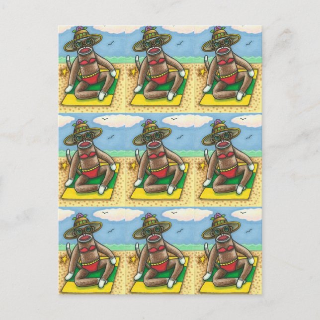 SOCK MONKEY RED BIKINI, AT THE BEACH CARTOON Funny Postcard (Front)