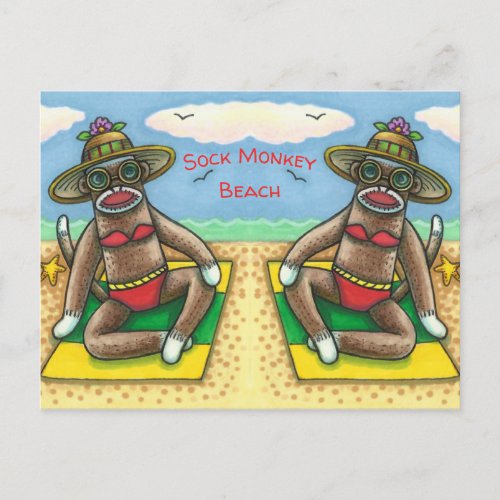 SOCK MONKEY RED BIKINI AT THE BEACH CARTOON Funny Postcard