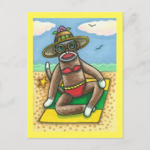 SOCK MONKEY RED BIKINI, AT THE BEACH CARTOON Funny Postcard