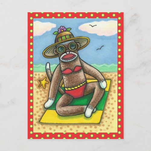 SOCK MONKEY RED BIKINI AT THE BEACH CARTOON Funny Postcard
