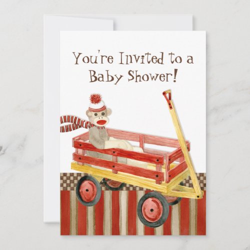 Sock Monkey Red Wagon Boy Baby Shower Invitation
