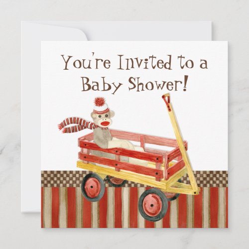 Sock Monkey Red Wagon Boy Baby Shower Invitation