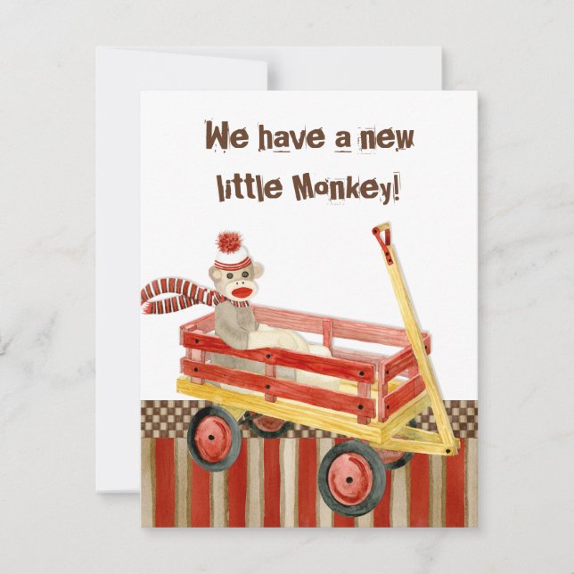 Sock Monkey, Red Wagon, Boy Birth Announcement (Front)