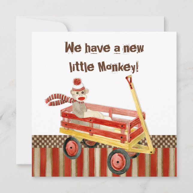 Sock Monkey, Red Wagon, Boy Birth Announcement (Front)