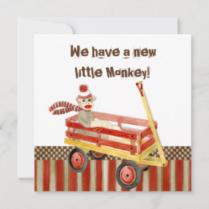 Sock Monkey, Red Wagon, Boy Birth Announcement