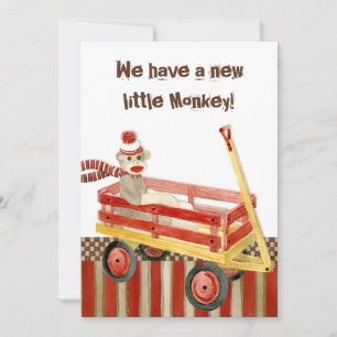 Sock Monkey, Red Wagon, Boy Birth Announcement