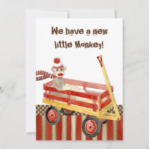 Sock Monkey Red Wagon Boy Birth Announcement