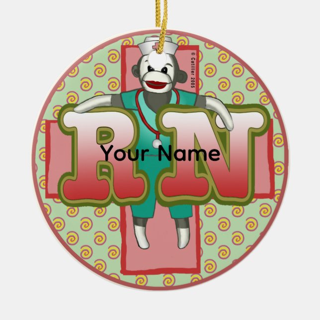 Sock Monkey RN Nurse Ceramic Ornament (Front)