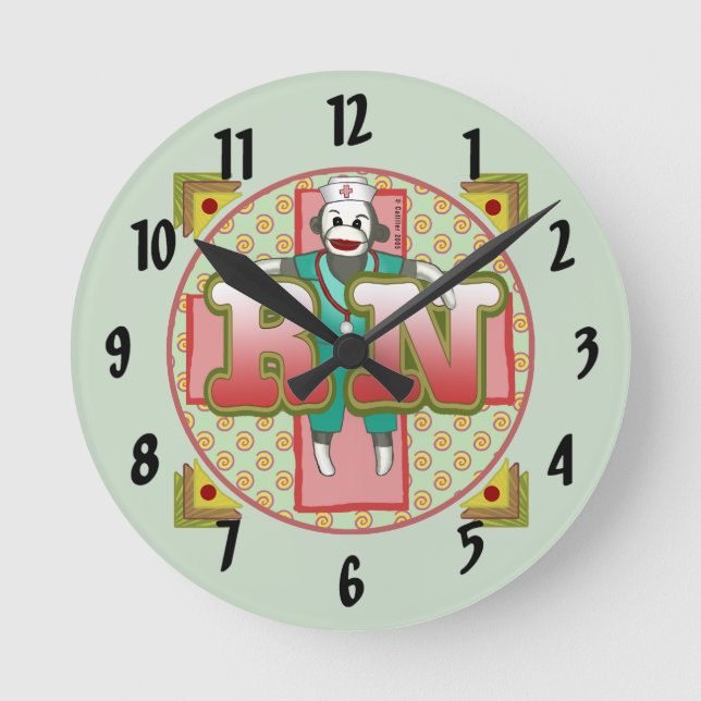 Sock Monkey RN Nurse Round Clock (Front)