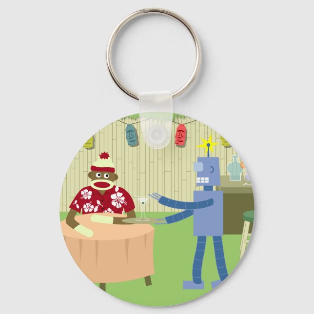 Sock Monkey Robot Waiter Keychain (Front)