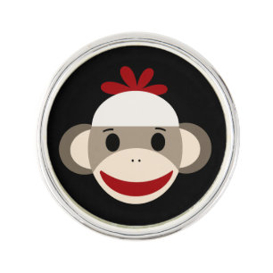 Sock Monkey Round Lapel Pin, Silver Plated Pin