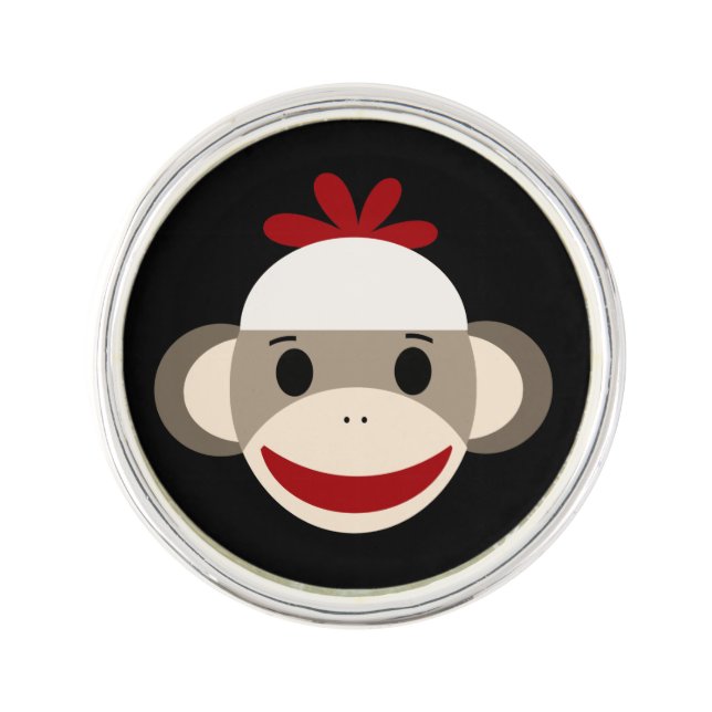 Sock Monkey Round Lapel Pin, Silver Plated Pin (Front)