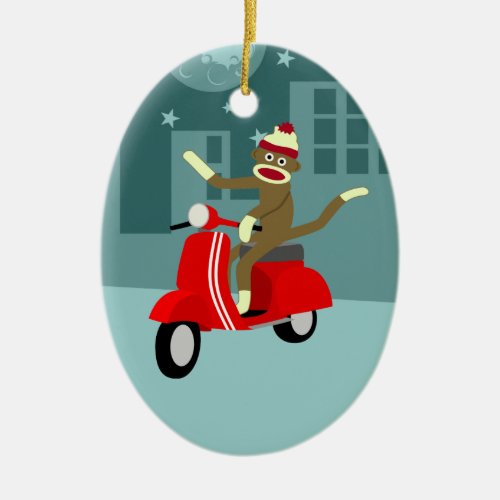 Sock Monkey Scooter Ceramic Ornament