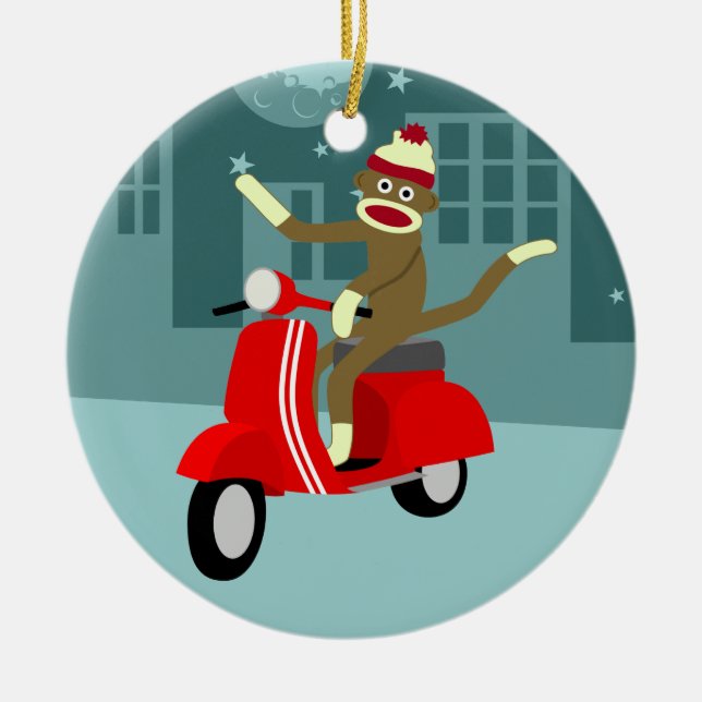 Sock Monkey Scooter Ceramic Ornament (Front)