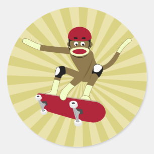 Sock Monkey Skateboarder Classic Round Sticker