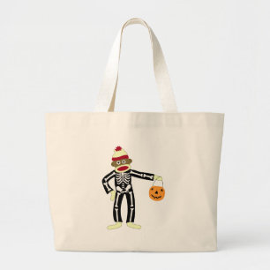 Sock Monkey Skeleton Halloween Large Tote Bag