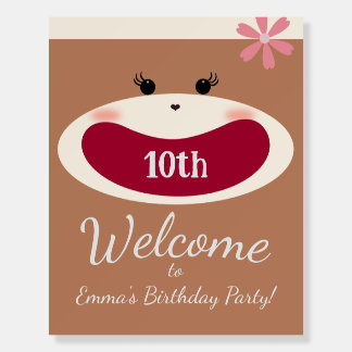 Sock Monkey Smile(Girl) Birthday Welcome Sign