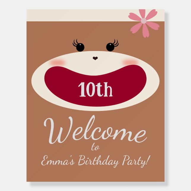 Sock Monkey Smile(Girl) Birthday Welcome Sign (Front)