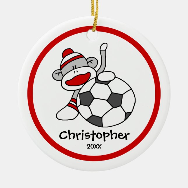 Sock Monkey Soccer Boy"s Christmas Ornament (Front)