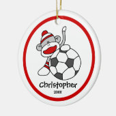 Sock Monkey Soccer Boy"s Christmas Ornament (Left)