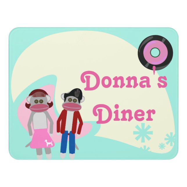 Sock Monkey Sock Hop Time Cute Cartoon Art Door Sign (Contemporary Front)