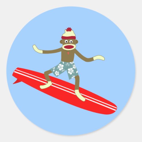 Sock Monkey Surfer Classic Round Sticker