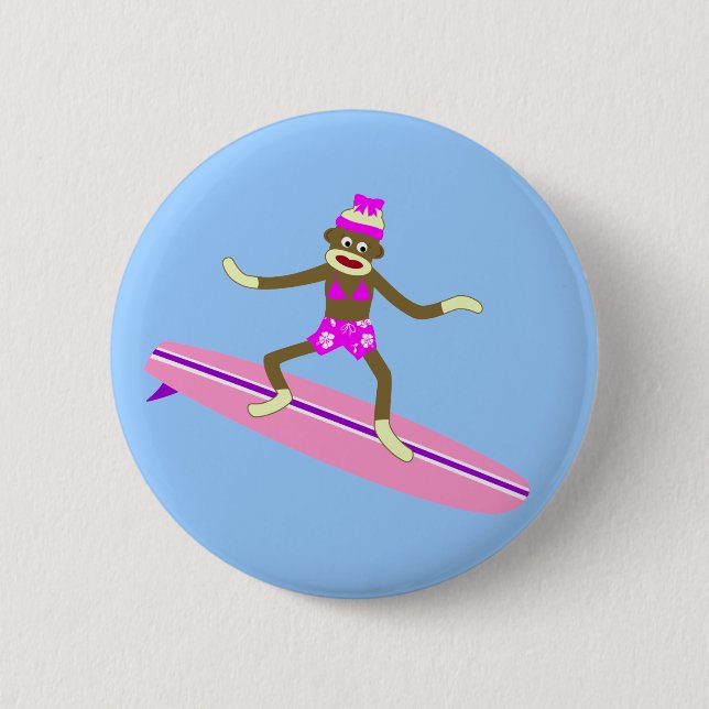 Sock Monkey Surfer Girl Button (Front)