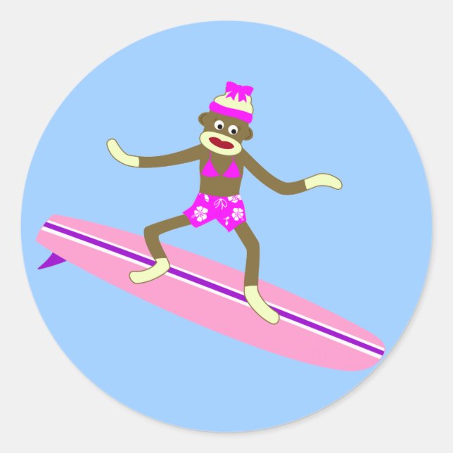 Sock Monkey Surfer Girl Classic Round Sticker (Front)