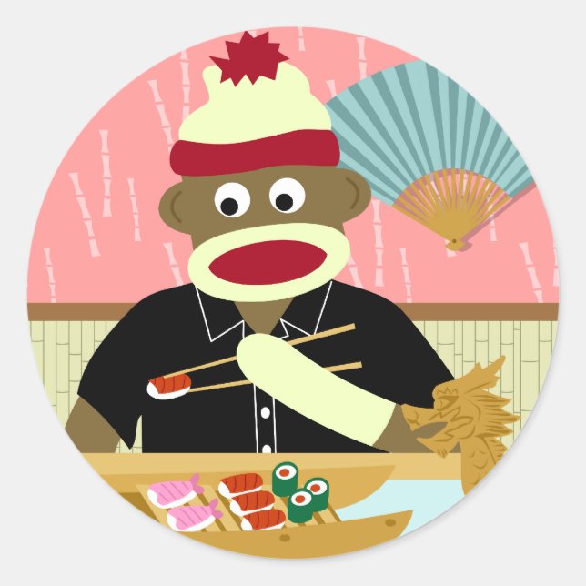 Sock Monkey Sushi Classic Round Sticker (Front)