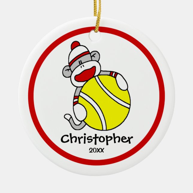 Sock Monkey Tennis Boy"s Christmas Ornament (Front)
