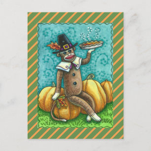 SOCK MONKEY THANKSGIVING AND PUMPKIN PIE HOLIDAY POSTCARD