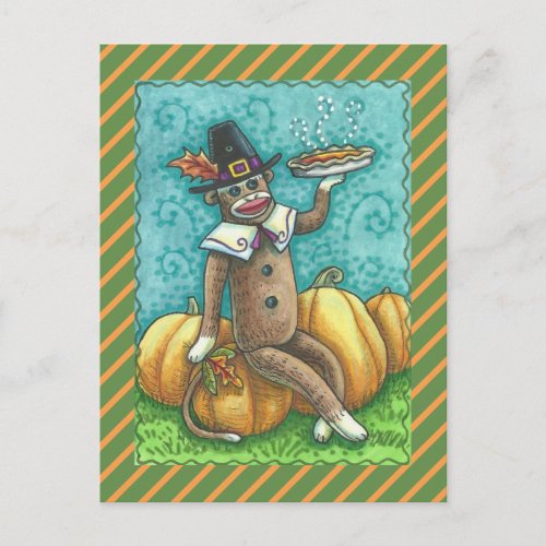 SOCK MONKEY THANKSGIVING AND PUMPKIN PIE POSTCARD