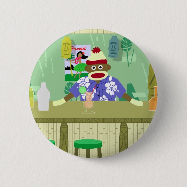 Sock Monkey Tiki Bar Pinback Button (Front)