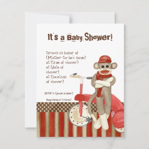 Sock Monkey Tricycle Boy Baby Shower Invitation