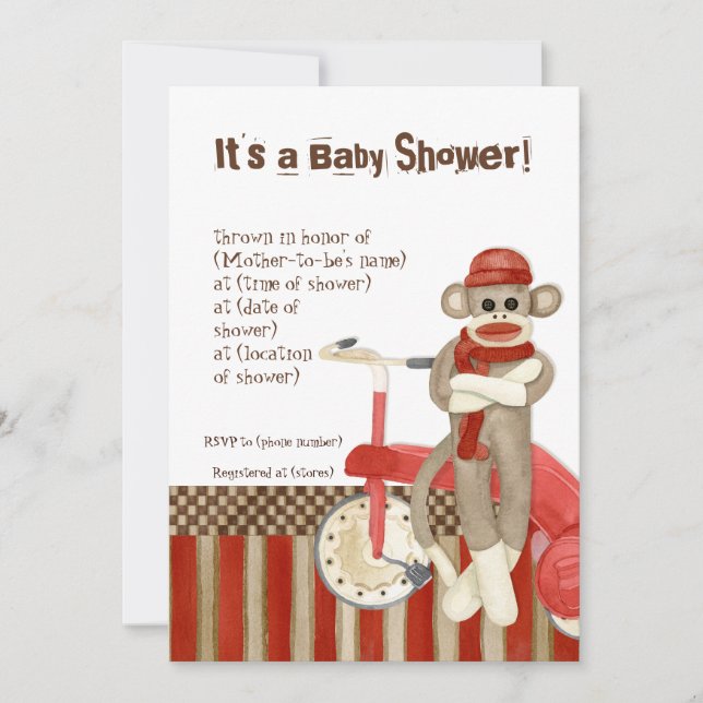 Sock Monkey, Tricycle, Boy Baby Shower Invitation (Front)