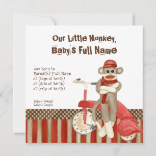 Sock Monkey, Tricycle, Boy Birth Announcement