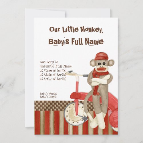 Sock Monkey Tricycle Boy Birth Announcement