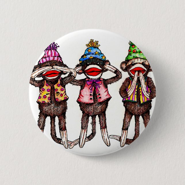 Sock Monkey Trio - See, Hear, Speak No Evil Button (Front)