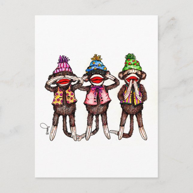 Sock Monkey Trio - See, Hear, Speak No Evil Postcard (Front)