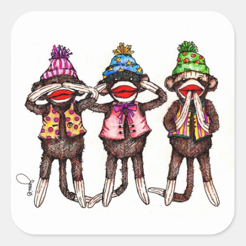 Sock Monkey Trio _ See Hear Speak No Evil Square Sticker