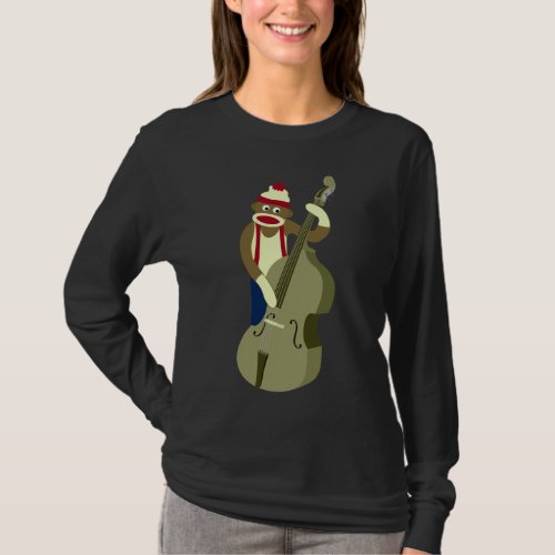 Jazz Musician Sock Monkey Playing Upright Bass Long Sleeve T-Shirt