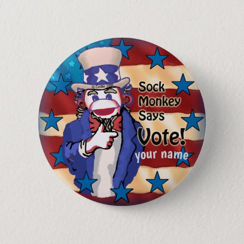 Sock Monkey Vote custom name pin button