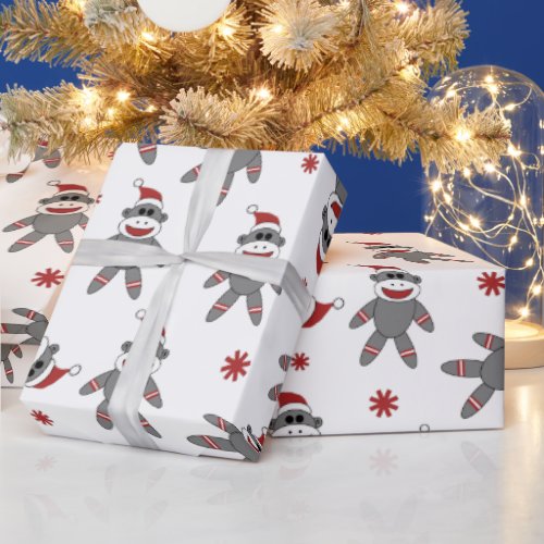 Sock Monkey Wearing Santa Hat Christmas Holidays Wrapping Paper