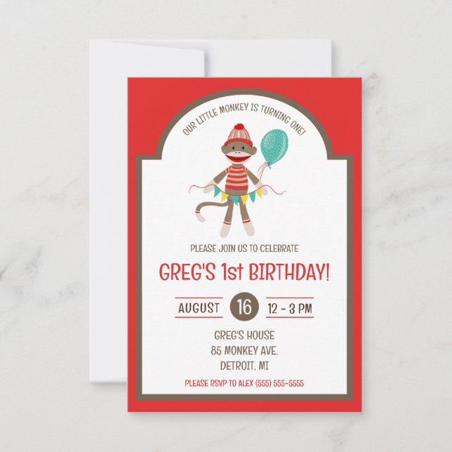 Sock Monkey with Balloon and Banner Birthday Party Invitation (Front)
