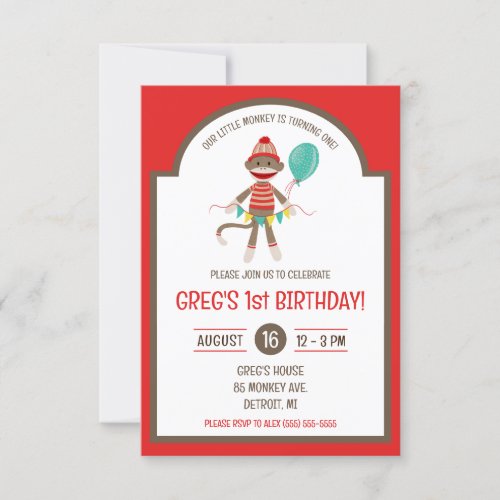 Sock Monkey with Balloon and Banner Birthday Party Invitation